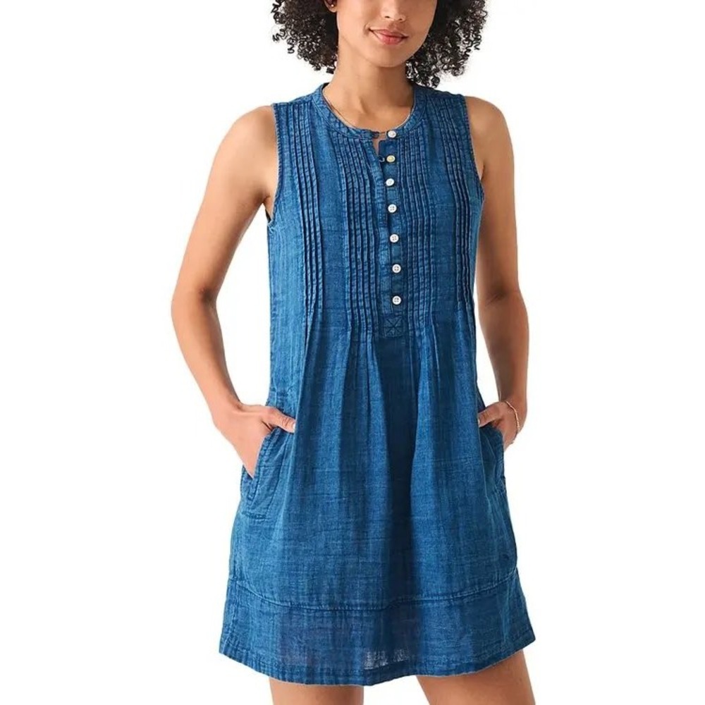 Faherty Women Indigo Blue Double Gauze‎ Pintuck Sleeveless Shift Dress Small